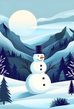 Abstract illustration of a snowman in an idyllic snowy winter landscape, hills and mountains and