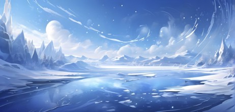 Abstract illustration of dreamy, icy landscape with swirling blues, whites, and silvers, evoking