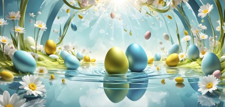 Surreal Easter scene with floating eggs, ribbons, and flowers in a dreamlike, whimsical composition