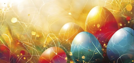 Easter-inspired abstract artwork with layered, translucent egg shapes overlapping with bursts of