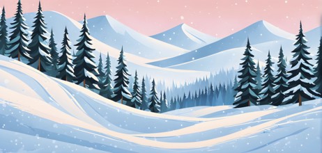 Abstract winter wonderland with minimalist stylized pine trees and snowdrifts using soft pastel