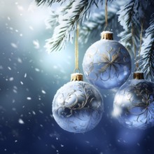 Abstract illustration of a set of ornate Christmas ornaments hanging on a snow-covered pine tree