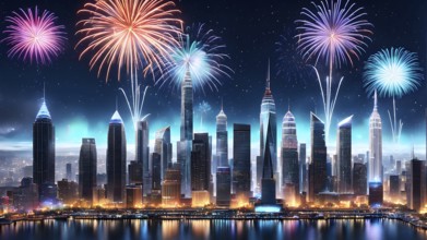 Wallpaper illustration of a cityscape on New Year's Eve, with glowing skyscrapers and floating