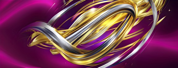 Abstract Illustration of energetic and dynamic swirl of gold, silver, and deep magenta hues,