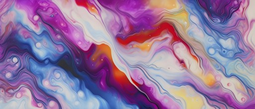 Abstract painting with fluid swirling pastel colors of magenta, blue, red, orange and yellow, AI