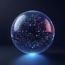 3D rendering of an abstract digital sphere composed of dots with a gradient background, AI