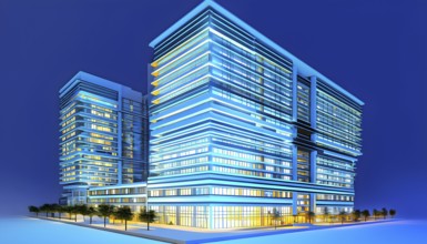 Three dimensional rendering of an illuminated modern high-rise office building, AI generated