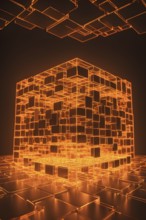 Three dimensional render of an orange glowing blockchain cube, AI generated