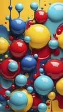 Abstract image with vibrant blue and red blobs and liquid shapes on a yellow background, AI