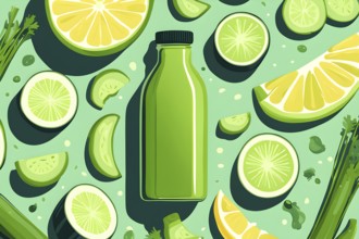 Abstract wallpaper composition with bottle of delicious green detox juice and fruits and