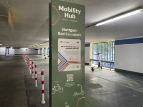 Advertising in a multi-storey car park for e-scooters for the Mobility Hub, Mobility Stuttgart App,