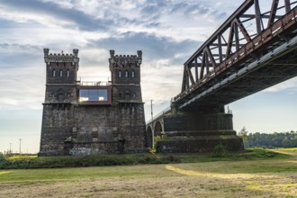 The railway bridge Duisburg-Hochfeld-Rheinhausen, over the Rhine, regional trains and many goods