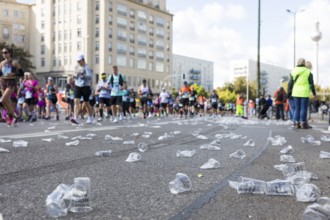 Beverage cups on the running course at the 50th BMW Berlin Marathon 2024 on 29 September 2024