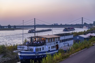 Restaurantschife at the Rhine harbour on Robert-Lehr-Ufer, in Düsseldorf, in the background the