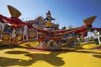 Empty fairground shop Circus Circus in the morning with blue sky, Cranger Kirmes, Herne, Ruhr area,