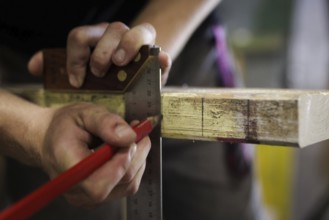 A man tears a section on a piece of wood. Berlin, 14.08.2024