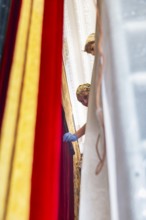 Hanging of the last tapestries in the Royal Parade Rooms in the Dresden Residenzschloss, Dresden,