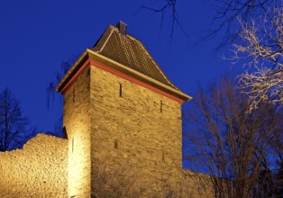 Illuminated Trinsen Tower in the evening, Old Town, Ratingen, Bergisches Land, North