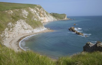 A line of limestone stumps cross Man o' War bay on the Jurassic coast near Lulworth Cove, Dorset,