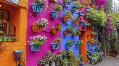 Typical architecture of Mexican colonial colorful houses in historic city center, AI generated