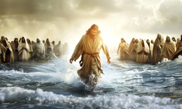 Moses leads the Exodus of the Israelites and jews out of Egypt and across the Red Sea, AI generated