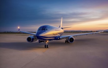 Plane takeoff at the airport at sunset with passengers and tourists going on vacation, AI generated