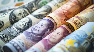 Money rolls, currencies from different countries. Yuan and dollar banknotes, investment and