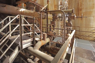 Pipelines with valves at the blast furnace, stairs, hot blast stove, UNESCO Völklinger Hütte,