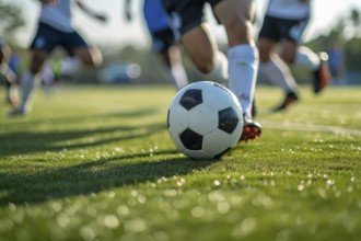 A soccer player kicks a ball on a football stadium field during game, AI generated