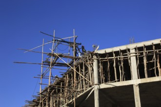 Scaffolding on a new building, wooden scaffolding, Ethiopia, Africa