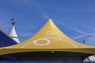 Cirque du Soleil 'Kurios' big top tent installation in old port of Montreal in spring, Quebec,