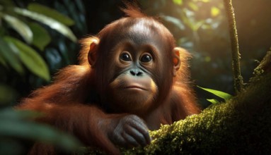 Cute little orangutan baby in dark rainforest looks curious, portrait, AI generated, AI generated