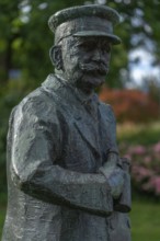 Statue of Count Ferdinand Zeppelin, binoculars, cap, Friedrichshafen on Lake Constance,