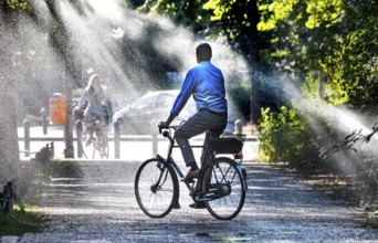 A cyclist cools down with a lawn sprinkler in Berlin's Tiergarten, 03/08/2022