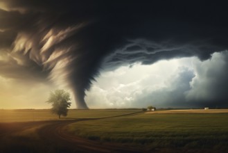 Disaster catastrophe storm concept, tornado in a field in the USA with road in field under stormy