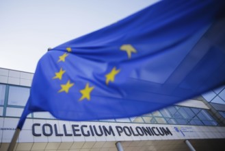 A flag of the European Union flies in front of the Collegium Polonicum building. S˜Çubice, 01.05