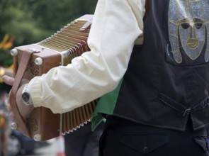 Accordion player for Morris dancers at country folk event, Shottisham, Suffolk, England, United