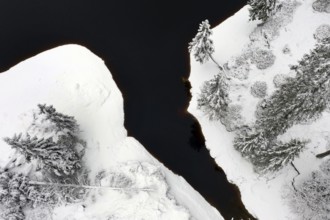 Aerial view of snow-covered forest area at Oderteich in the Harz Mountains, 14.12.2019