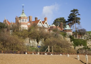 Gothic towers and man made Pulhamite cliifs, Bawdsey Manor, Suffolk, England, United Kingdom,