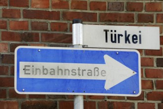 Street sign One-way street and sign with the street name Turkey, Steinfurt, Münsterland, North