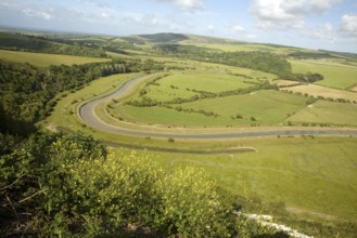 River Cuckmere meanders and flood plain from Frog Firle at High and Over, near Alfriston, East