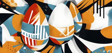 Illustration of an abstract Easter egg design with geometric patterns, bold colors, and a mix of