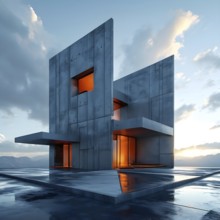 Minimalistic grey colored architecture in geometric adorned structures against a surreal backdrop,