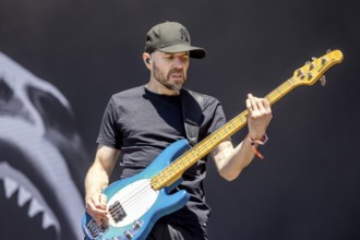 Adenau, Germany, 9 June 2024: H-Blockx (Stephan Gudze Hinz, bassist) play at Rock am Ring. The