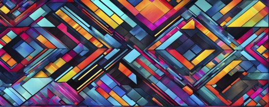 Abstract geometric patchwork illustration with vibrant intersecting geometric shapes filled with