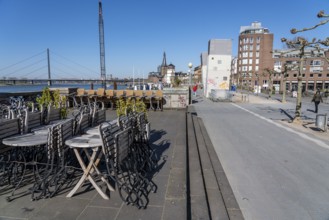 Empty Rhine embankment promenade, consequences of the contact ban, effects of the coronavirus