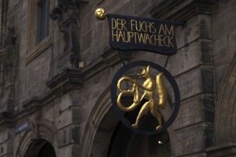 Fox with pretzel, nose sign of the bakery Der Fuchs am Hauptwacheck, café, Bamberg, Upper