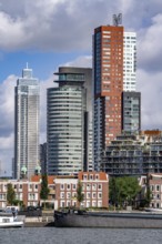 Harbour basin of the Maashaven, inland waterway port, jetties, residential buildings in the Kop van