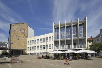 Modern town hall, street pub with people, Adenauerplatz, Friedrichshafen, Obersee, Lake Constance,