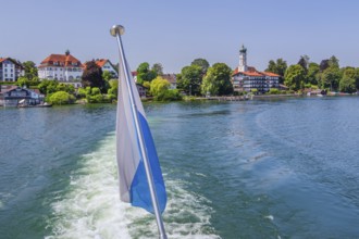 Waterfront with parish church, Seeshaupt, Lake Starnberg, Bavarian Alpine Foreland, Upper Bavaria,